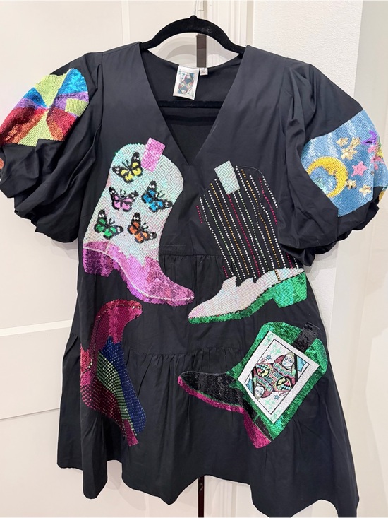 QUEEN OF SPARKLES Dresses & Skirts - QUEEN OF SPARKLES Black Mini Dress with Multicolor Sequin Boot Motifs